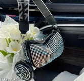 Blue PU rhinestone sling bag (2 compartments, embellished net pattern), detachable pouch and adjustable strap. Premium quality fabric with heavy-duty zips. Imported sling bag from China